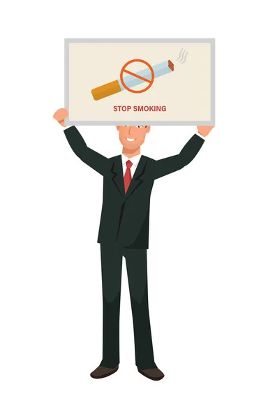 Mann im Businessanzug hält Plakat mit Aufschrift "Rauchverbot". — Stockvektor