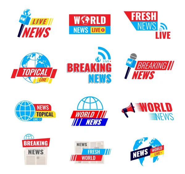 Set logos, logotypes, fresh live news broadcast, social media emblems. — Stock Vector