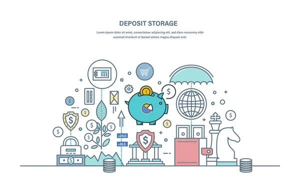 Depósito. Poupança, protecção das finanças, dinheiro em numerário, investimentos, moeda . — Vetor de Stock