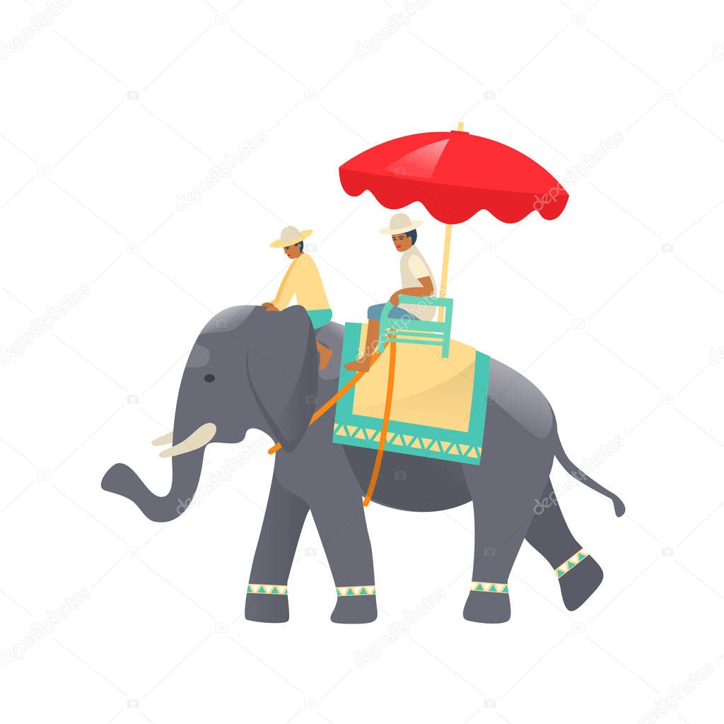 Traditional Thai elephant with beautiful decorative cloak, and riders.