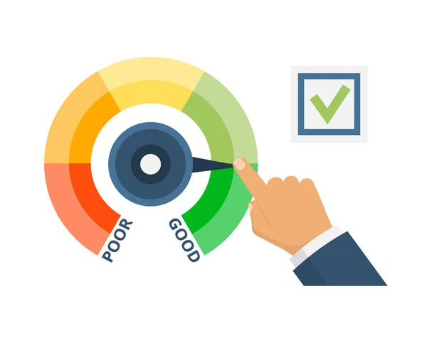 Man hand met de aanwijzer vervolgens op checkbox. Analyse financiële welzijn. — Stockvector