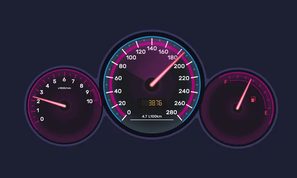 Instrument panel with tachometer, speedometer, scale of level gasoline, chrome-plated. — Stock Vector