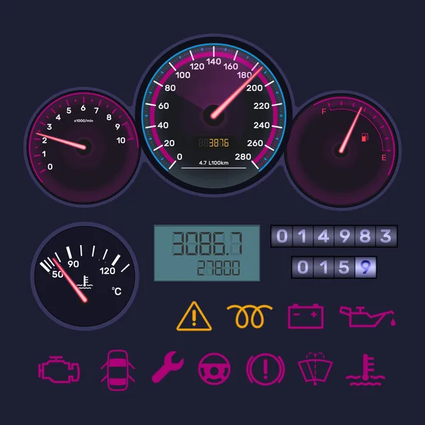 Panel, varvräknare, hastighetsmätare, nivå bensin, avståndet i kilometer, informationsikoner. — Stock vektor