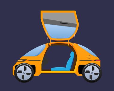 Güzel turuncu tek koltuklu elektrikli araç, yukarı doğru açılan kapılar ile otomobil.