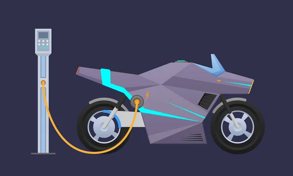 Chère moto électrique monoplace, moto près de la station de recharge citys . — Image vectorielle
