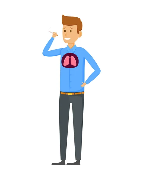 Hombre fumando cigarrillos, causando daño a los pulmones en el cuerpo . — Vector de stock