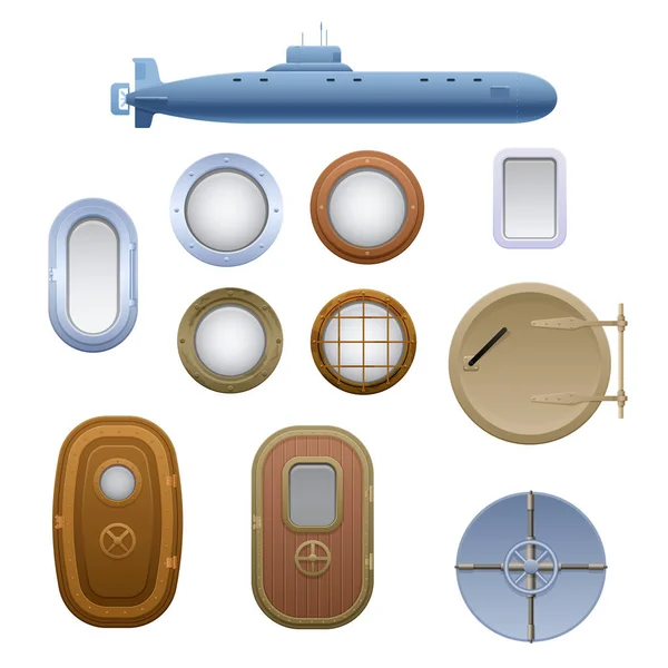 Metallic submarine. Set of windows, portholes, doors on submarine, ship.