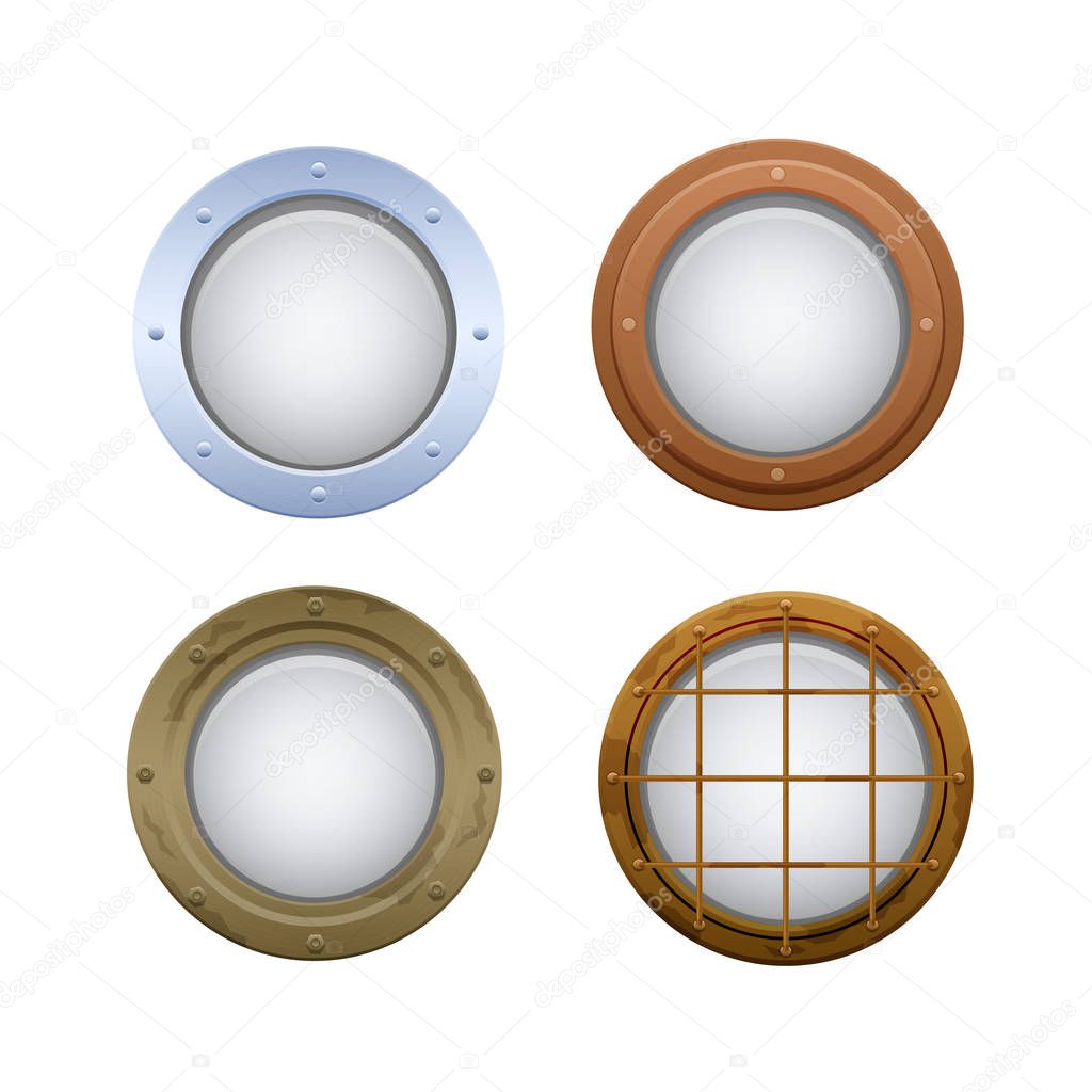 Set of round oval windows, portholes. Illuminators on submarine, ship.