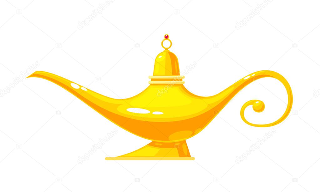 Beautiful golden realistic magic lamp. Fulfillment of desires, eastern culture.