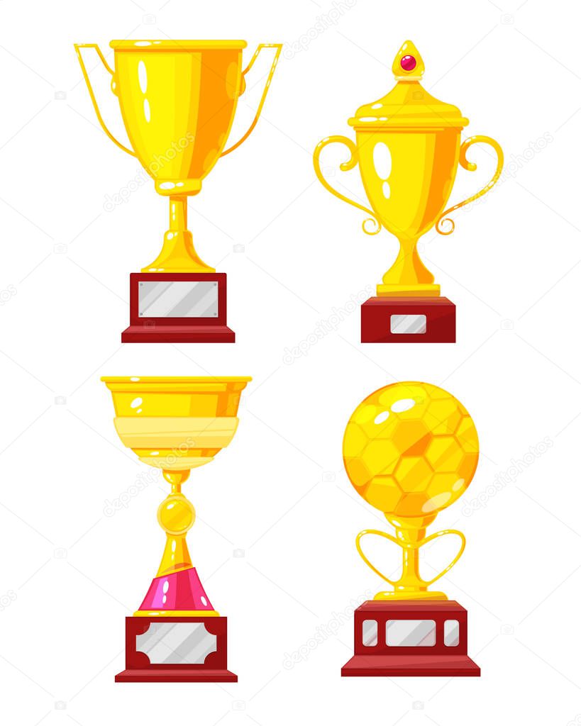 Set of gold Cup, awards. Golden trophy cup winner.
