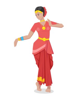 Hintli kız dansçı, renkli kırmızı klasik geleneksel kıyafetleri.