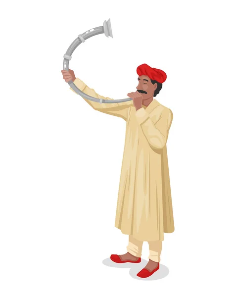 Hombre indio con ropa tradicional, tocando el instrumento en cuerno . — Vector de stock