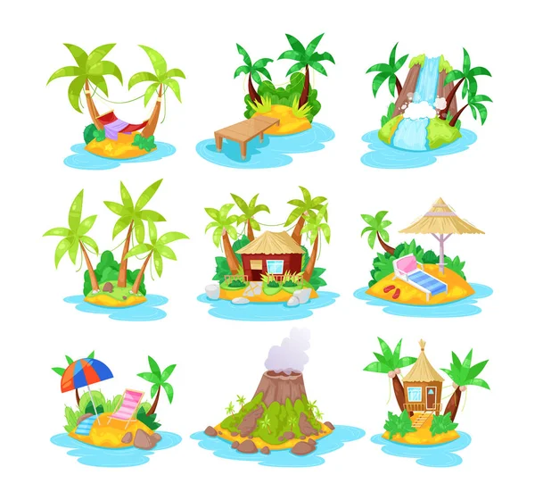 Conjunto de islas tropicales en el océano con palmera, bungalow, volcán, cascada . — Vector de stock