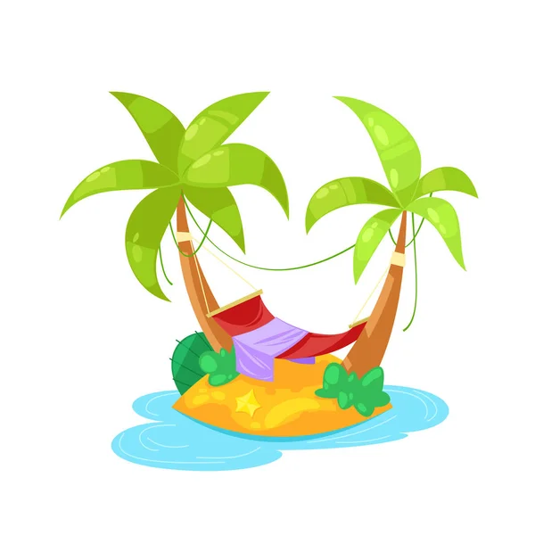 Isla tropical en el océano con palmera, playa bajo sombrilla, hamaca . — Vector de stock