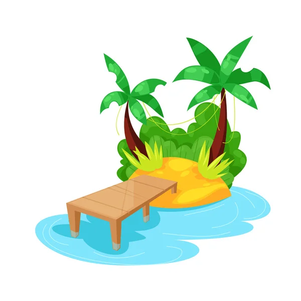 Isla tropical en océano con palmera, playa con litera . — Vector de stock