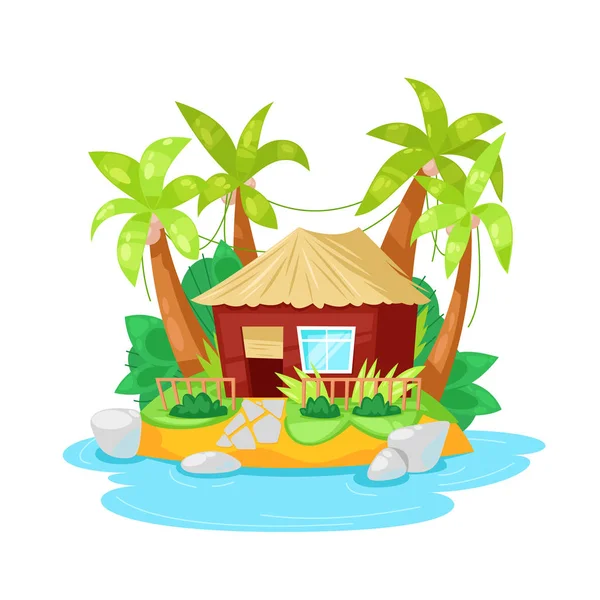 Isla tropical en el océano con palmeras y cabaña de bungalows . — Vector de stock