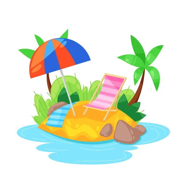 Tropisk ö i havet med palm, stranden under paraply, Solarium. — Stock vektor