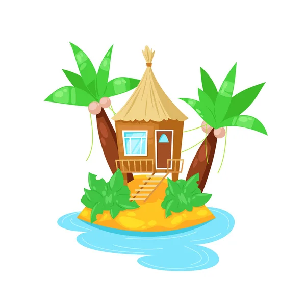 Tropisch eiland in de oceaan met palmbomen en bungalow hut. — Stockvector