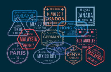 Yabancı pasaport seyahat için baskı, damga, kümesi işaretler.