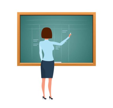 Genç güzel kız öğretmen, yazı tahtası, fizik, kimya, matematik atamaları tebeşir yazıyor. Kara tahta okul sınıf. Öğretim, eğitim, eğitim. Resimde çizgi film tarzı.