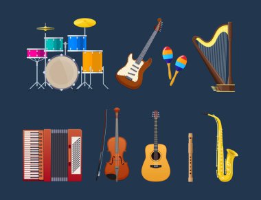 Modern müzik aletleri kümesi: perküsyon, string, pirinç aletleri.