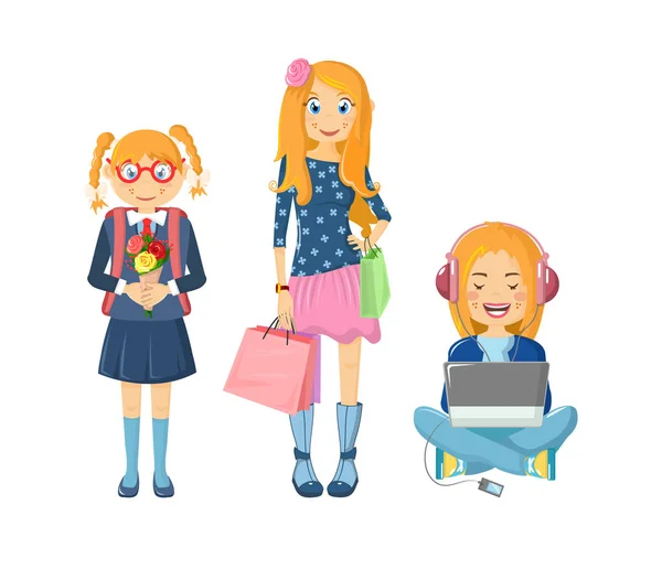 Young girls are schoolgirls and students. Learning, education, knowledge. — Stock Vector