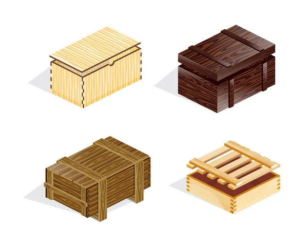 Set di scatole di legno realistiche, scatole, confezioni, chiuse con copertine . — Vettoriale Stock