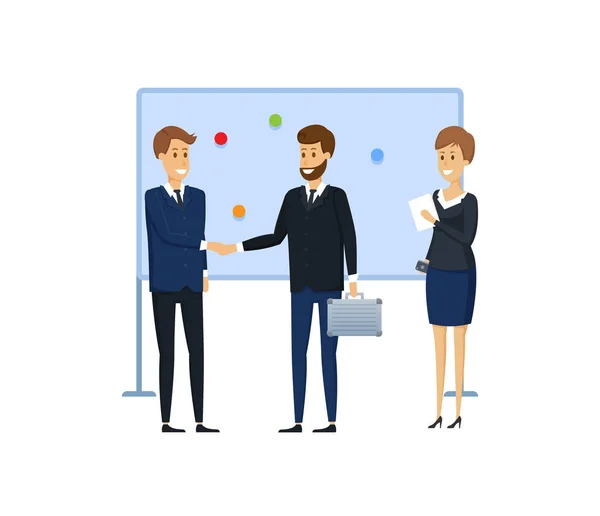 Colleagues from business next to magnetic board with magnets, stickers. — Stock Vector