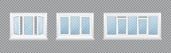 Realistické skleněné transparentní plastová okna s parapety a křídla. — Stockový vektor