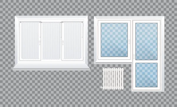 Реалистичные прозрачные пластиковые окна с подоконниками и лентами . — стоковый вектор