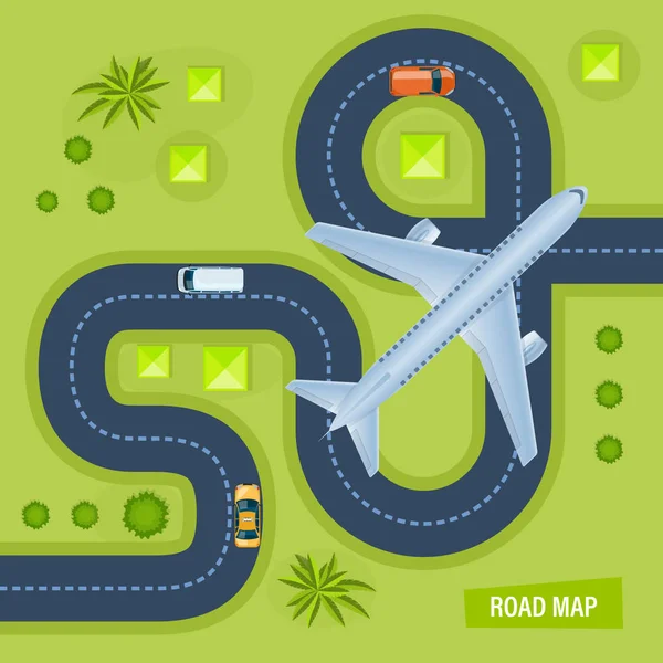 Carretera con transporte itinerante, paisaje circundante, vuelo en avión . — Vector de stock