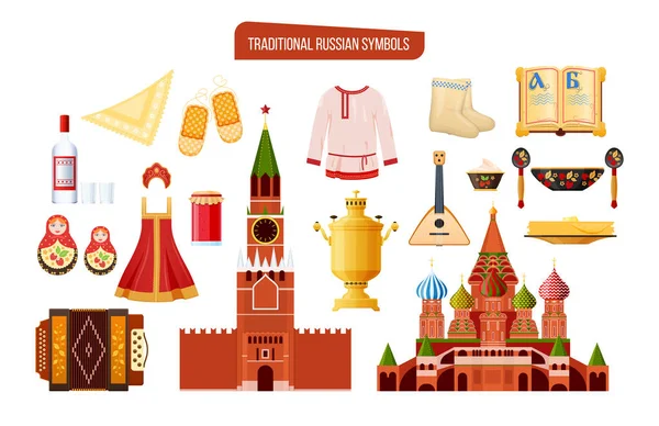 Símbolos tradicionales rusos, cultura, monumentos. Ropa, comida, bebidas, edificios arquitectónicos . — Vector de stock