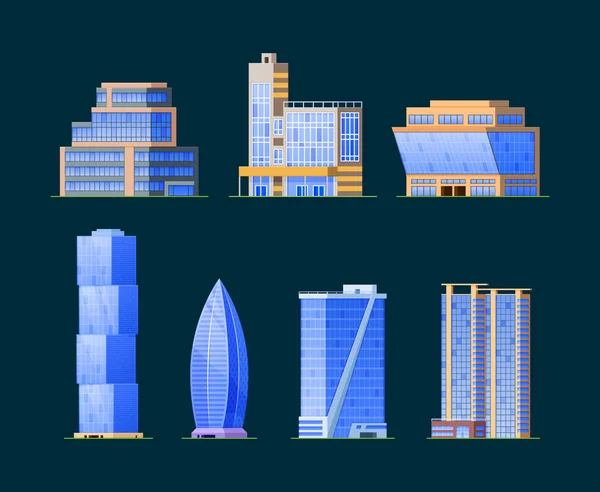 Reihe von verschiedenen Gebäuden, Fassaden architektonischen Strukturen. Hochhäuser städtischer Architektur. — Stockvektor