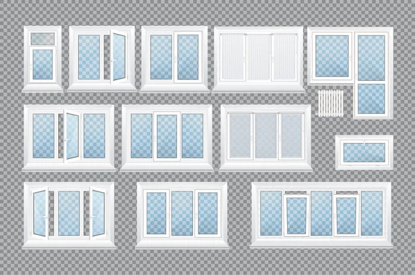 Uppsättning av realistiska glas genomskinlig plast fönster med fönsterbrädor. — Stock vektor