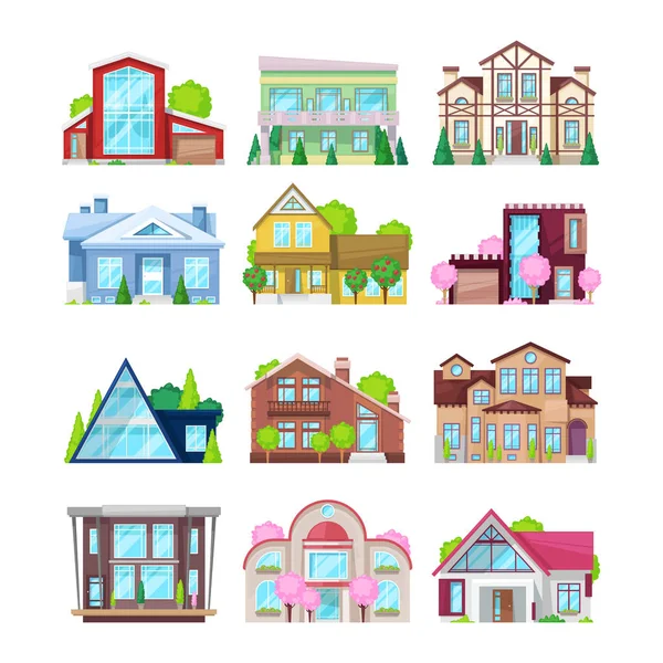 Set of colorful country houses, family cottages, mansion recreation, hotels. — Stock Vector