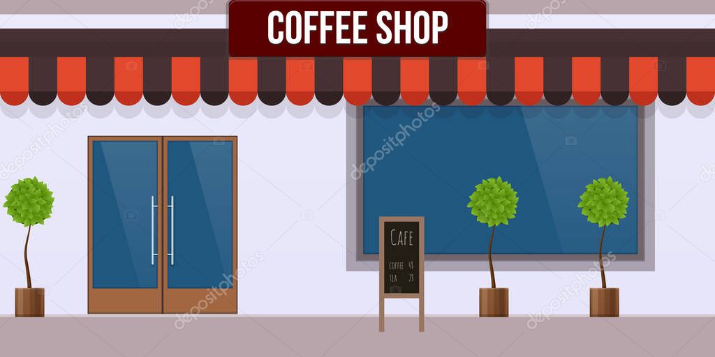 Exterior of cafe, coffee shop, store building, facade of restaurant.