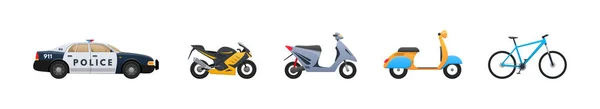 Conjunto de transporte urbano, vehículos. Coche de policía, moto, scooter, bicicleta . — Vector de stock