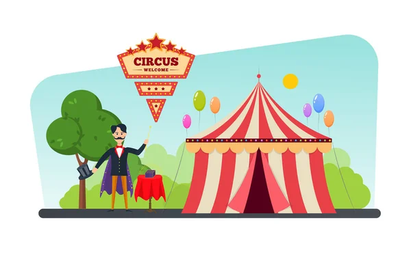 Zirkusgebäude, Zelt, Shapito. Einladung zur Veranstaltung, Zauberer zeigt Tricks. — Stockvektor