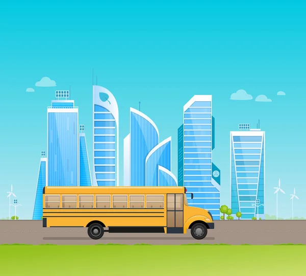 Klasický žlutý školní autobus, na pozadí městských výškových budov. — Stockový vektor