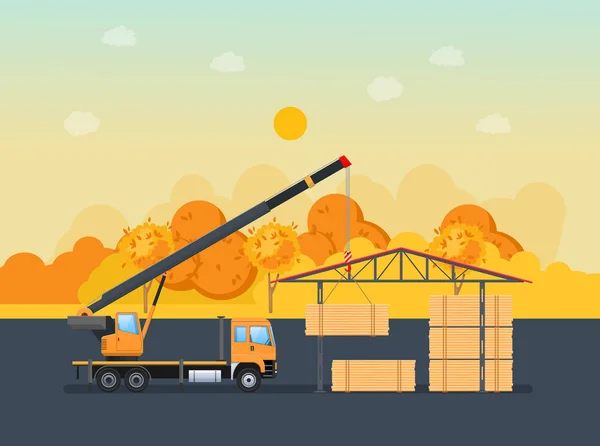 Cargo working machine with crane, unloads wooden logs into warehouse. — Stock Vector