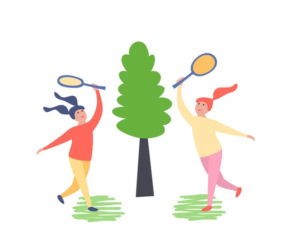 Raparigas com raquetes nas mãos, jogando tênis, badminton . —  Vetores de Stock