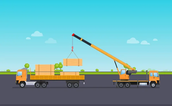 Machine de travail de cargaison avec grue, décharge des grumes en bois dans l'entrepôt . — Image vectorielle