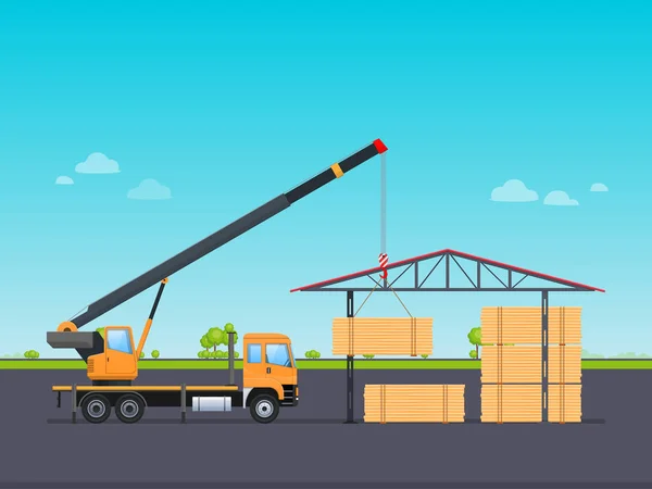 Μηχάνημα εργασίας φορτίου με γερανό, καταργεί τη φόρτωση ξύλινα κούτσουρα σε αποθήκη. — Διανυσματικό Αρχείο