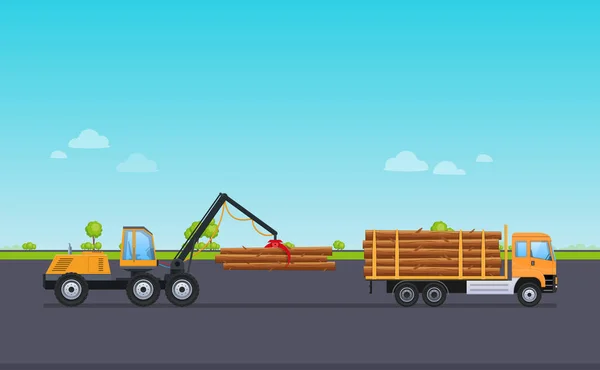 Máquina de trabajo de carga con grúa, descarga troncos de madera en el almacén . — Vector de stock