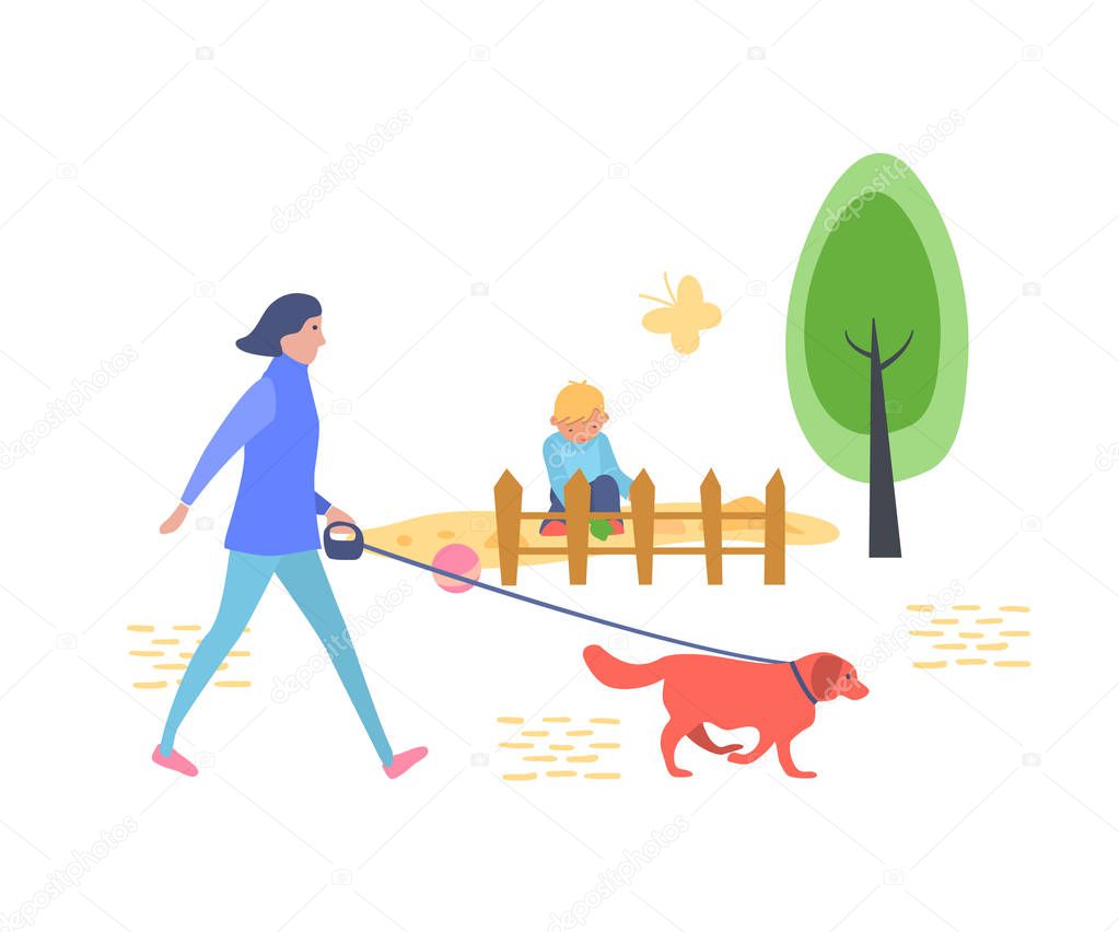 Young girl is walking in childrens recreation park with dog.