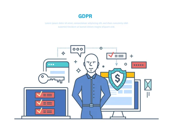 Regulamento Geral de Proteção de Dados. RGPD. Proteção segura garantida e criptografia . — Vetor de Stock