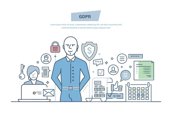 Dane ogólne rozporządzenie o ochronie. Gdpr. kryptograficznych secutiry, poufność informacji. — Wektor stockowy