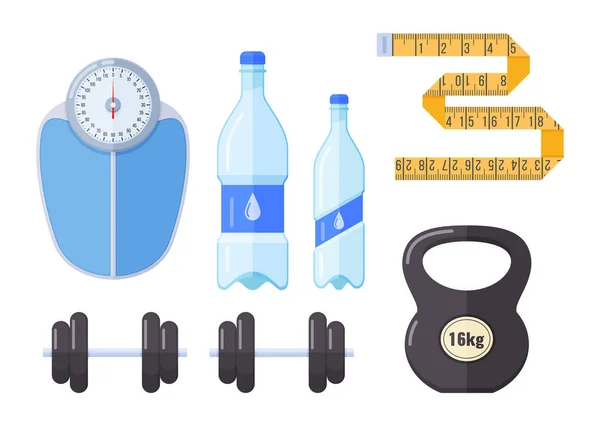 Floor scales, bottled clean water, tape for measuring waist, body. — Stock Vector