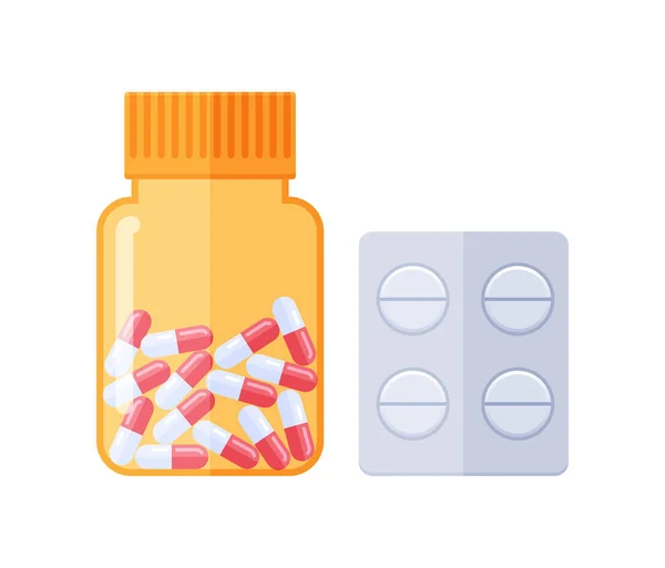 Tabletten in glazen ampul en in de vorm van capsules. — Stockvector