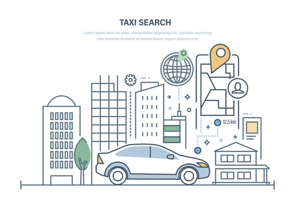 Пошук таксі. Замовлення автомобіля для подорожі містом, онлайн таксі . — стоковий вектор